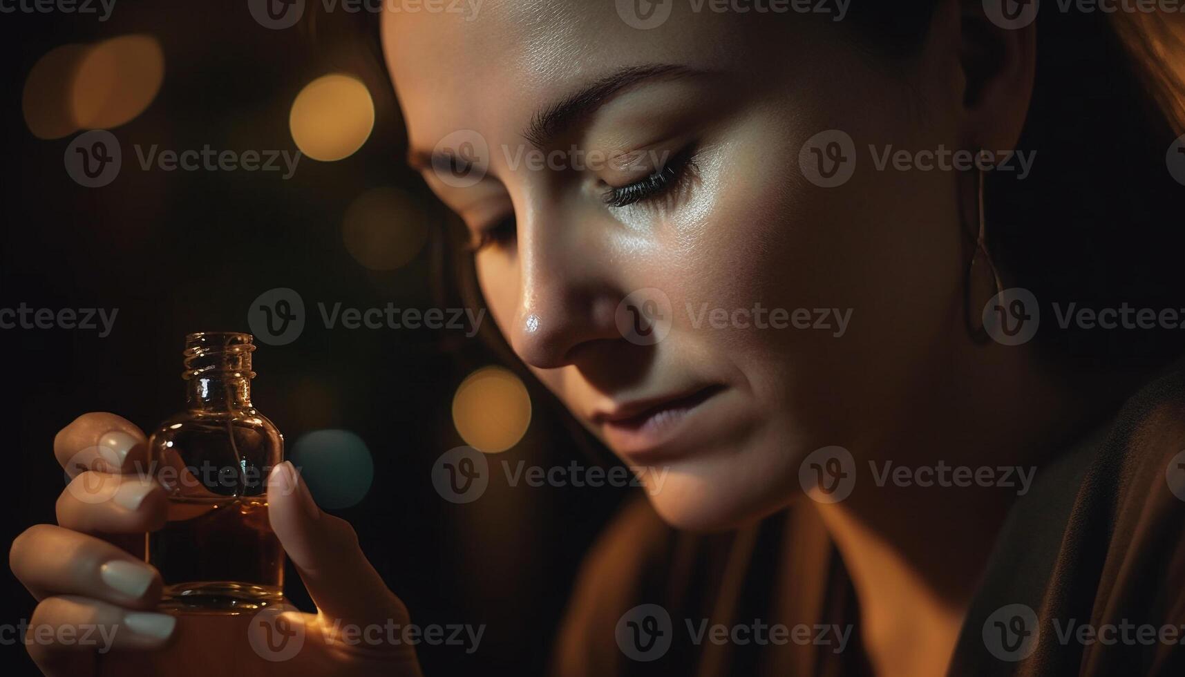 Serene young woman holding bottle, smiling indoors generated by AI photo