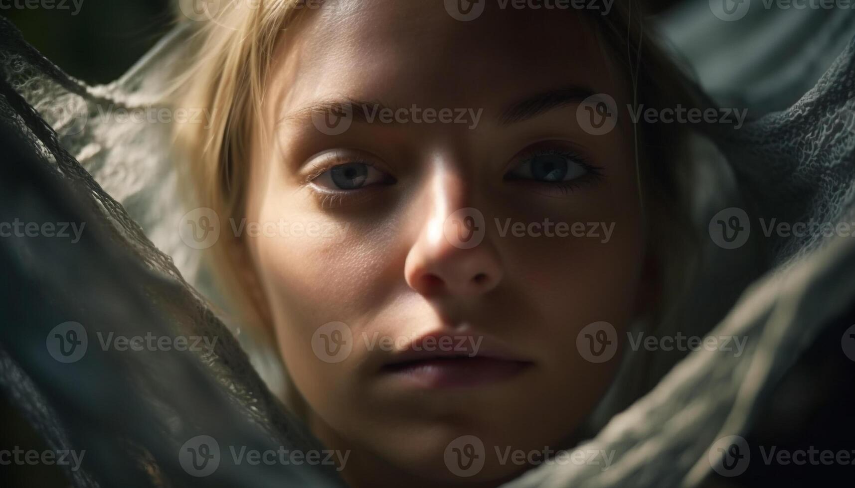 Cute blond beauty looking sad at camera generated by AI photo