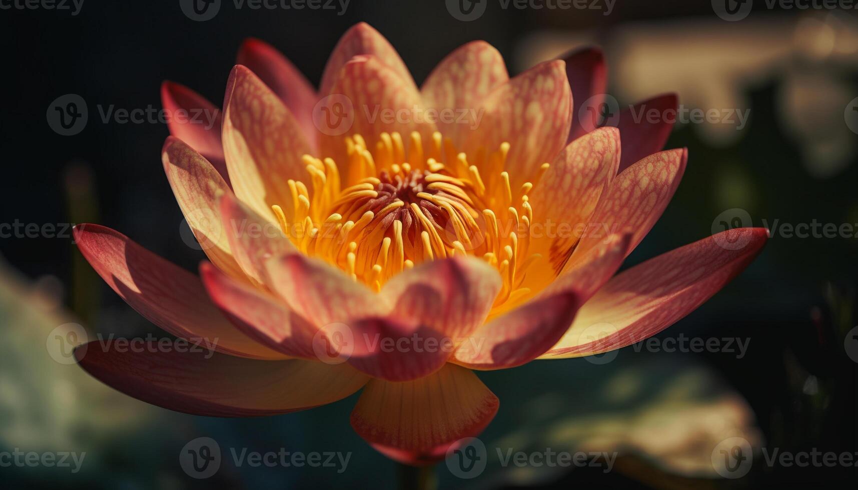 Single lotus blossom reflects beauty in nature generated by AI photo