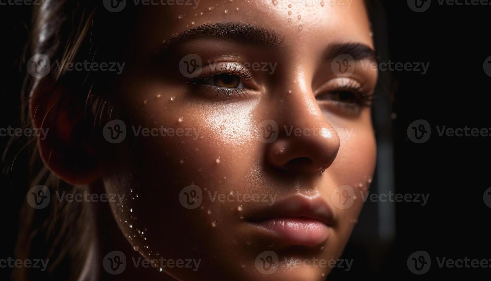 Beautiful caucasian woman looking at camera in rain generated by AI photo