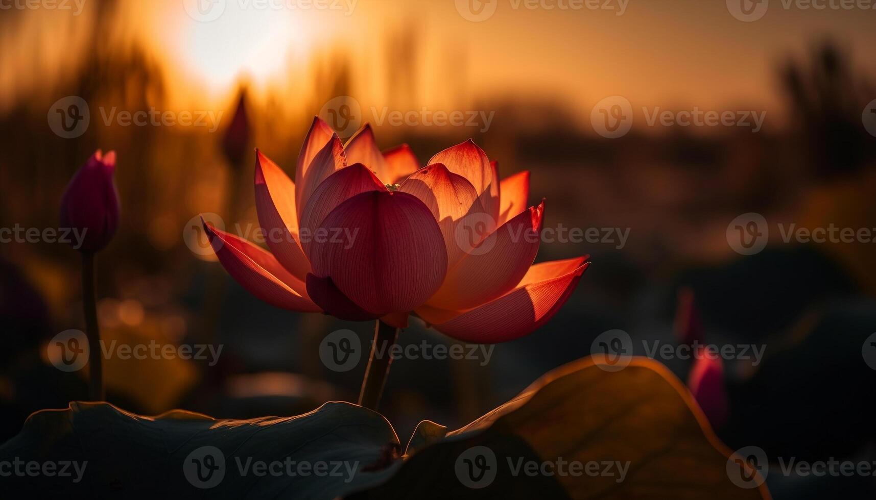 Vibrant lotus blossom in tranquil pond at dawn generated by AI photo