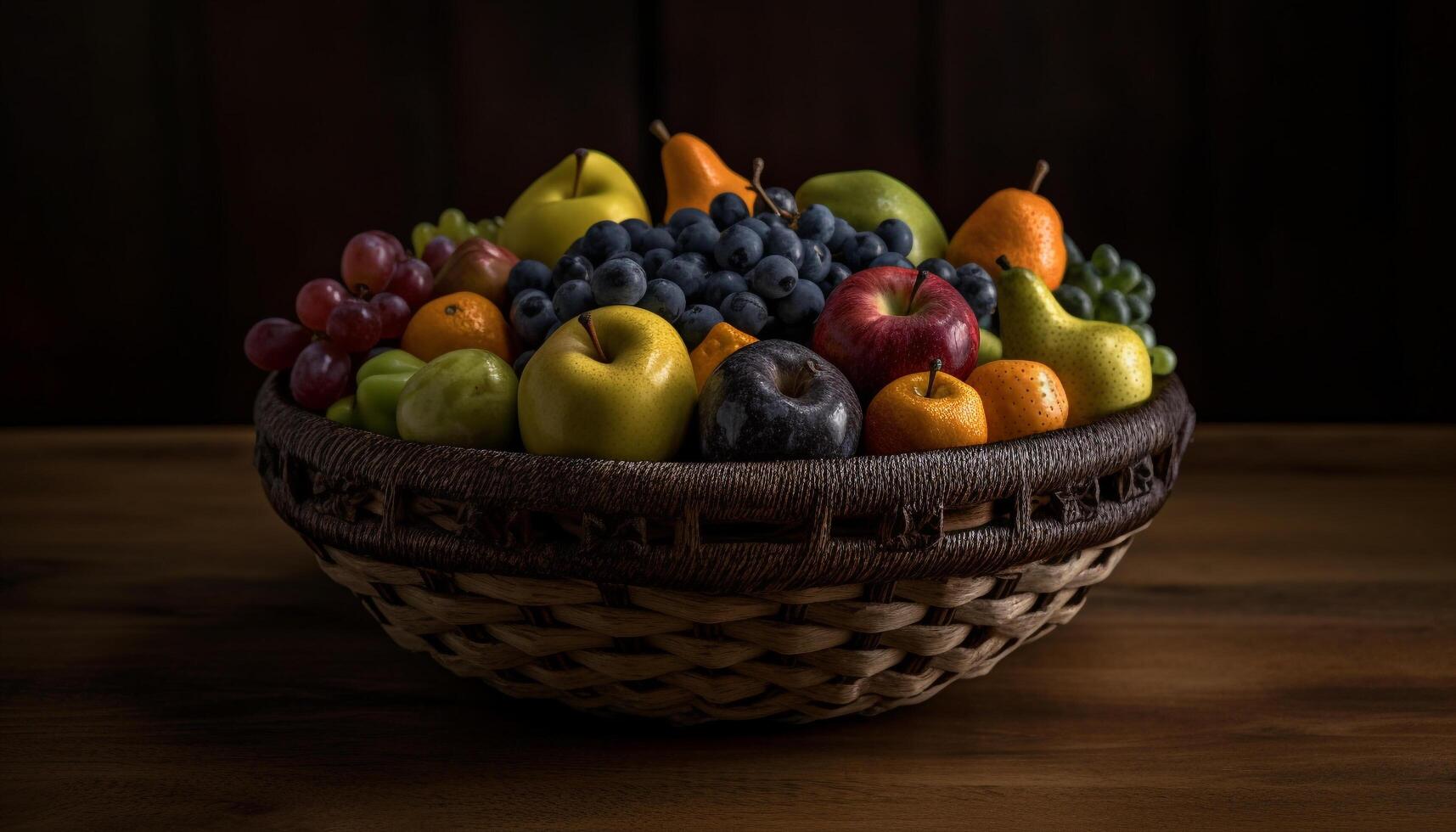 Fresh fruit bowl on wooden table indoors generated by AI photo