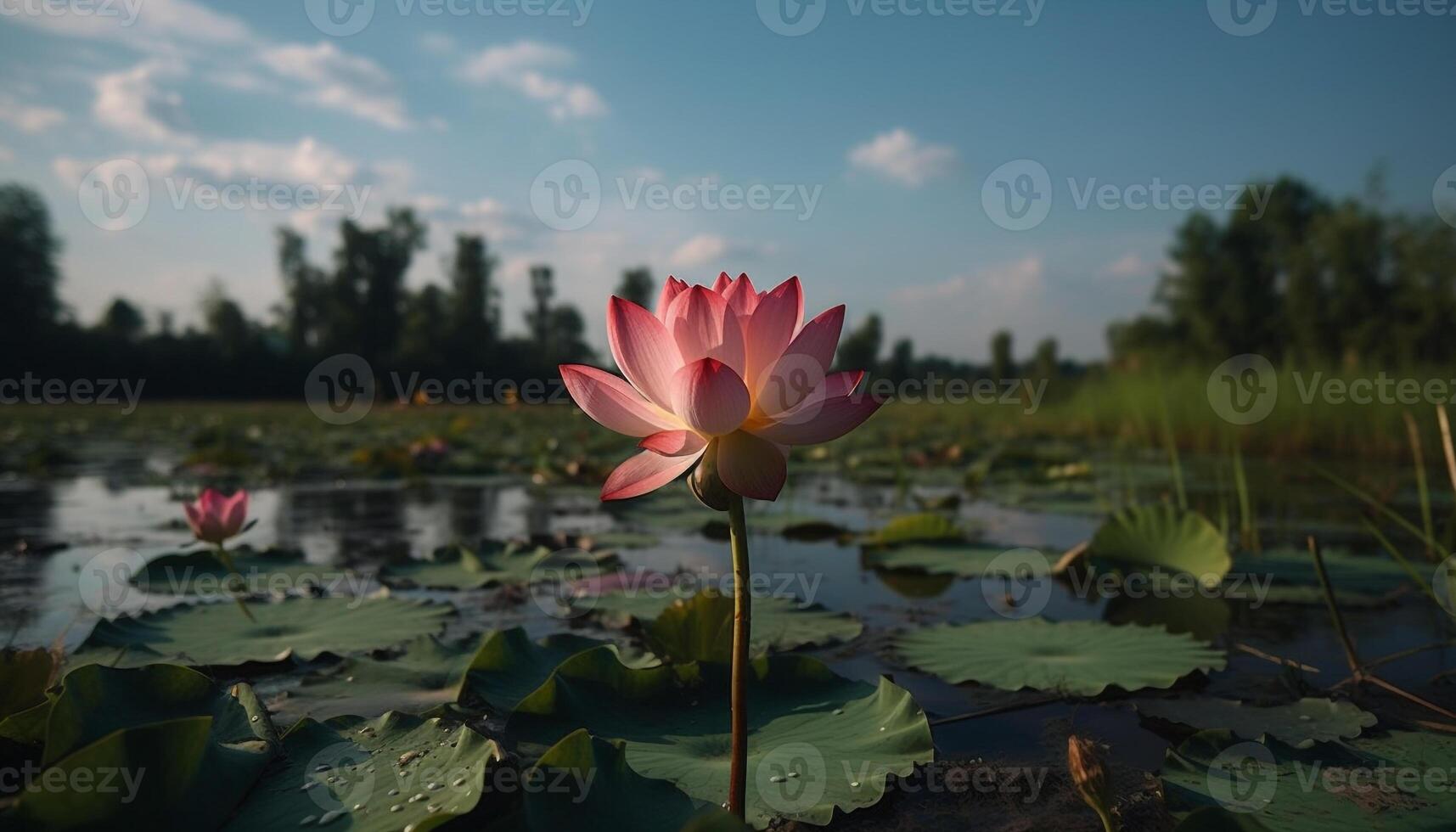 Lotus water lily blossom reflects tranquil beauty generated by AI photo