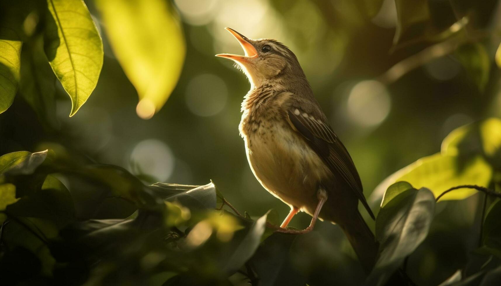 Small bird perching on branch, singing sweetly generated by AI photo
