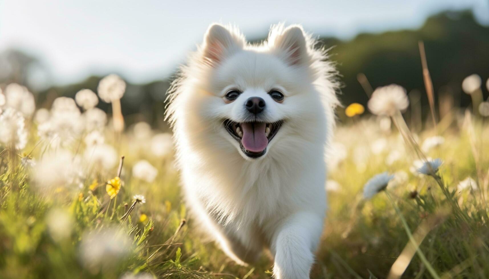 Fluffy Pomeranian puppy sitting in green meadow generated by AI photo