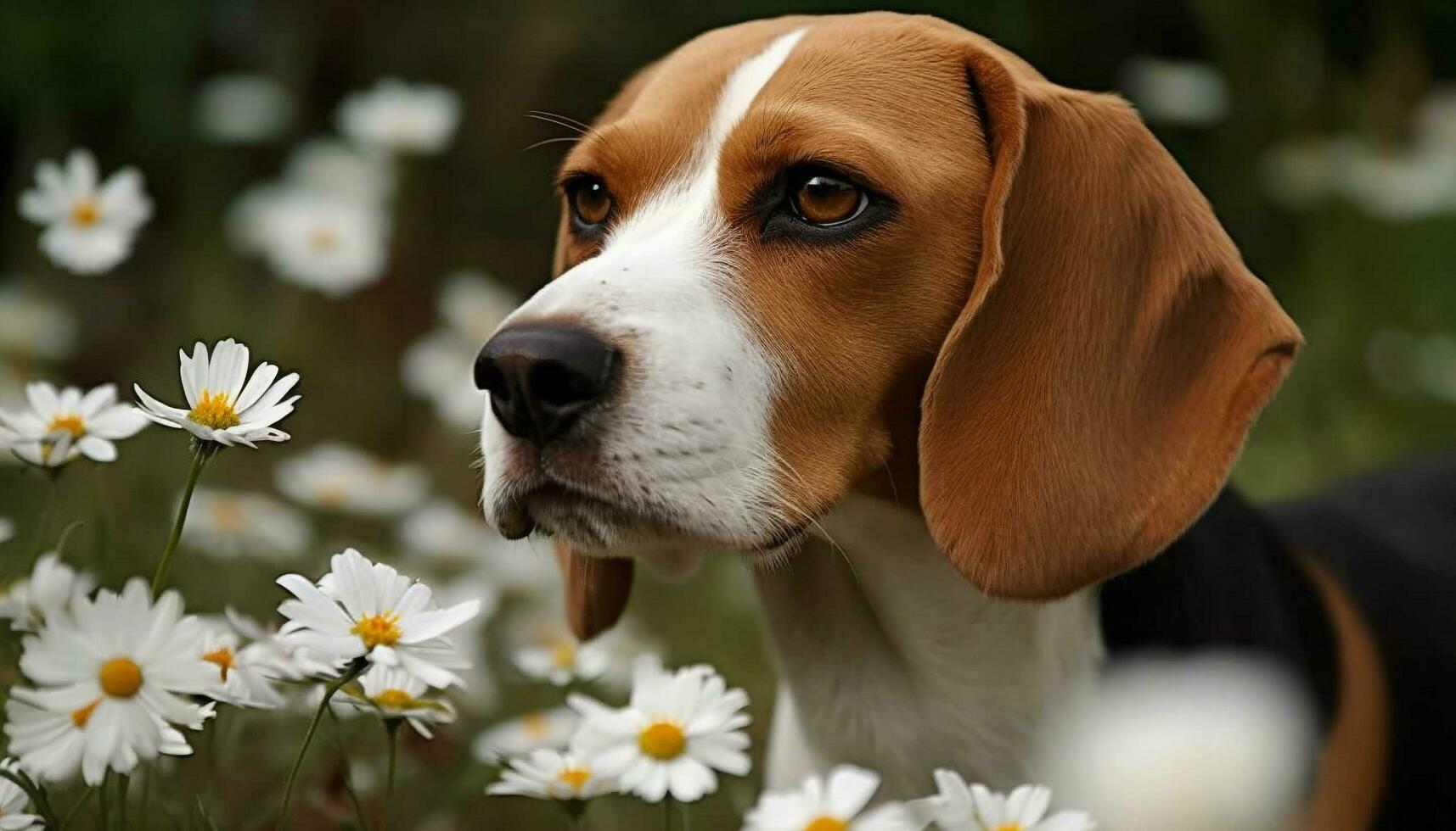 Smiling puppy sitting in meadow smelling daisy generated by AI photo