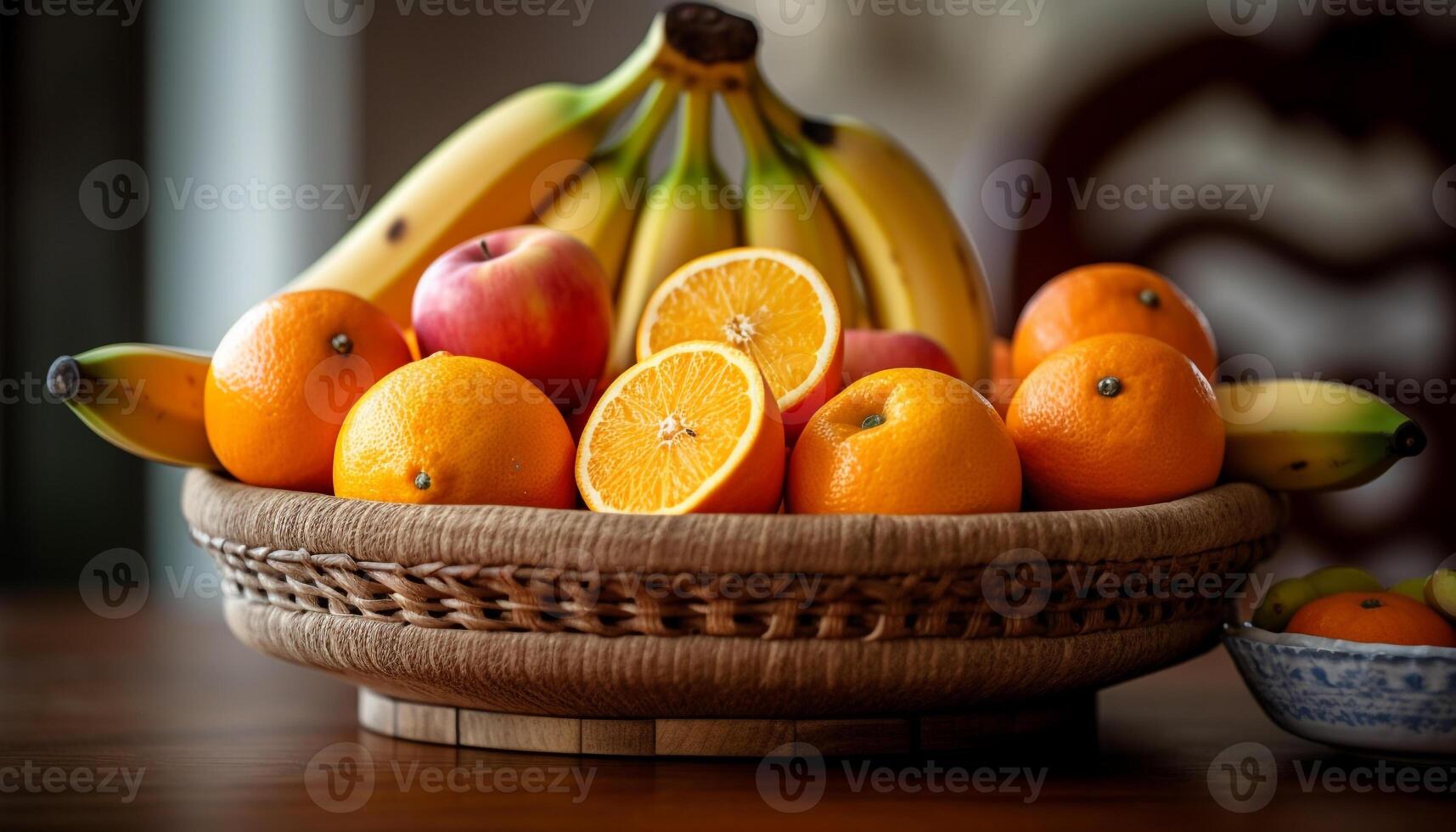 Fresh organic fruit bowl, nature healthy dessert generated by AI photo