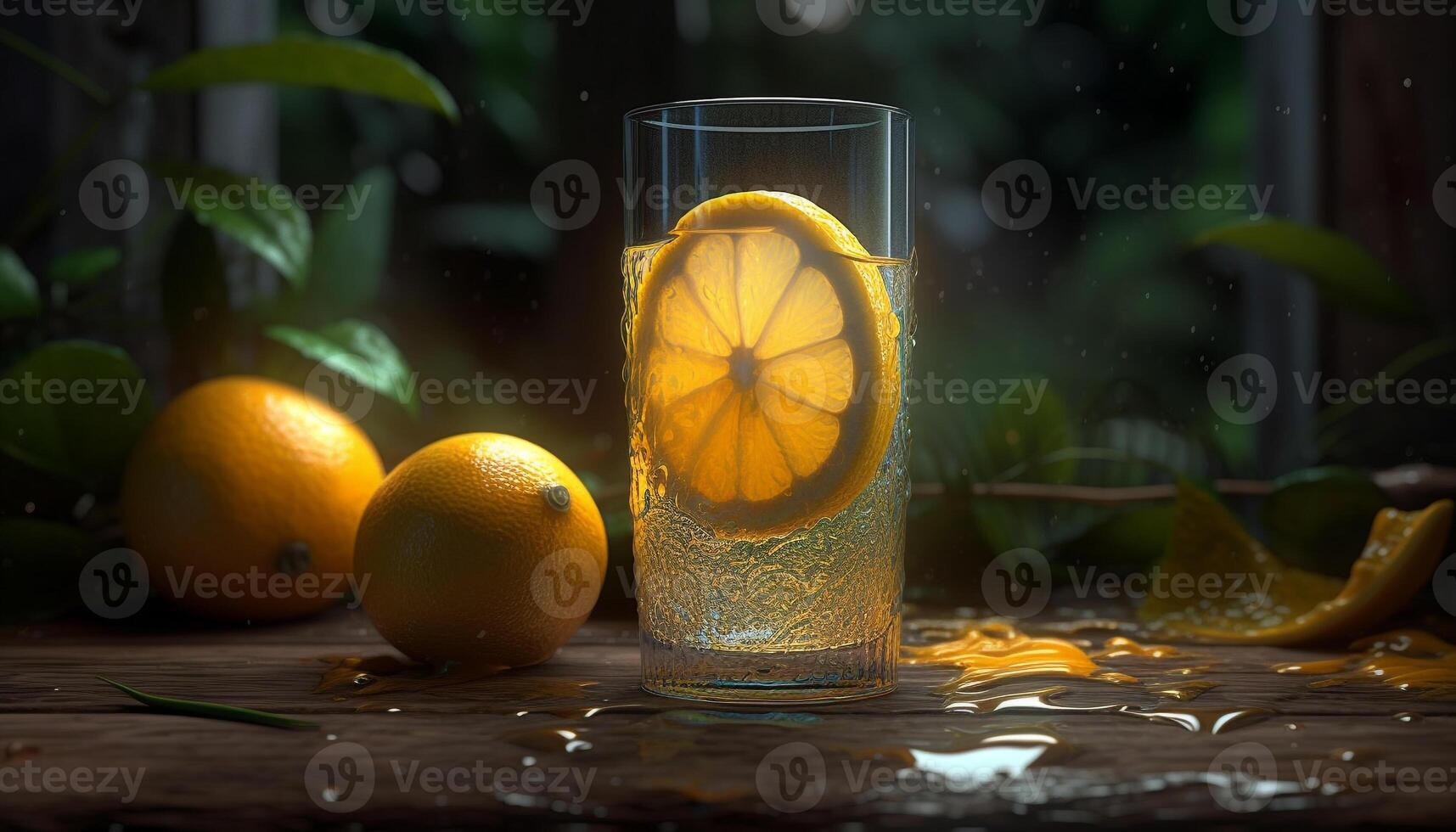 Juicy citrus slice in refreshing lemon soda generated by AI photo
