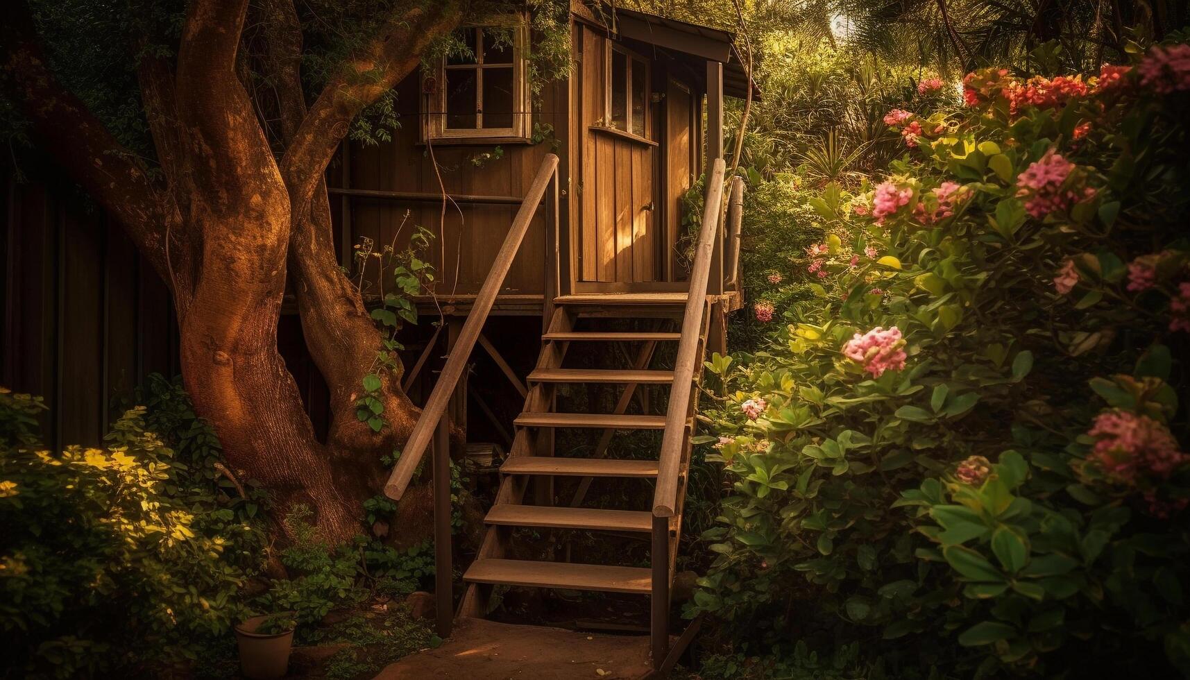 Green leaves adorn rustic staircase in forest cottage generated by AI photo