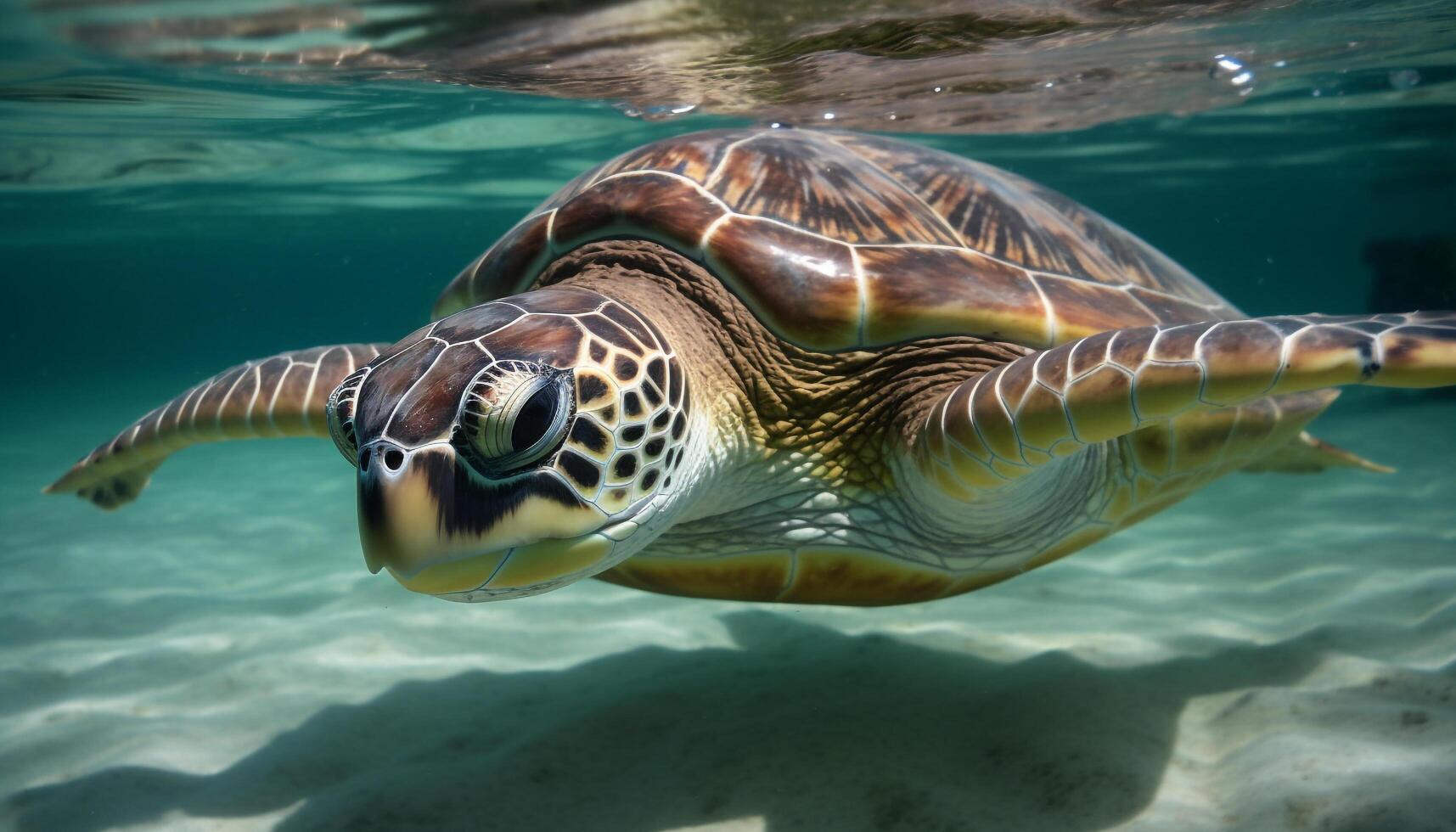 Large green sea turtle swimming in reef generated by AI photo