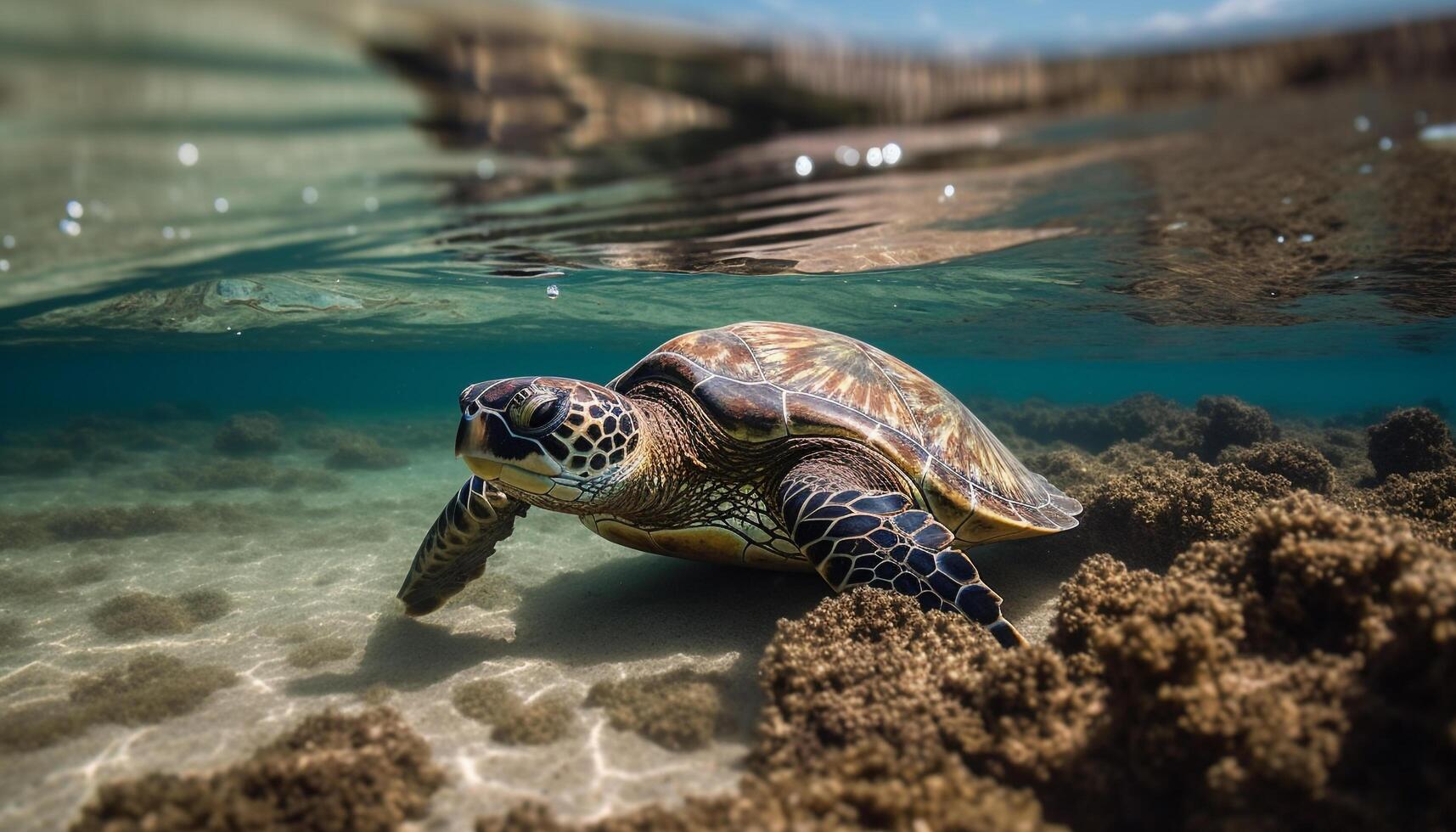 verde mar Tortuga nada en tranquilo arrecife generado por ai foto