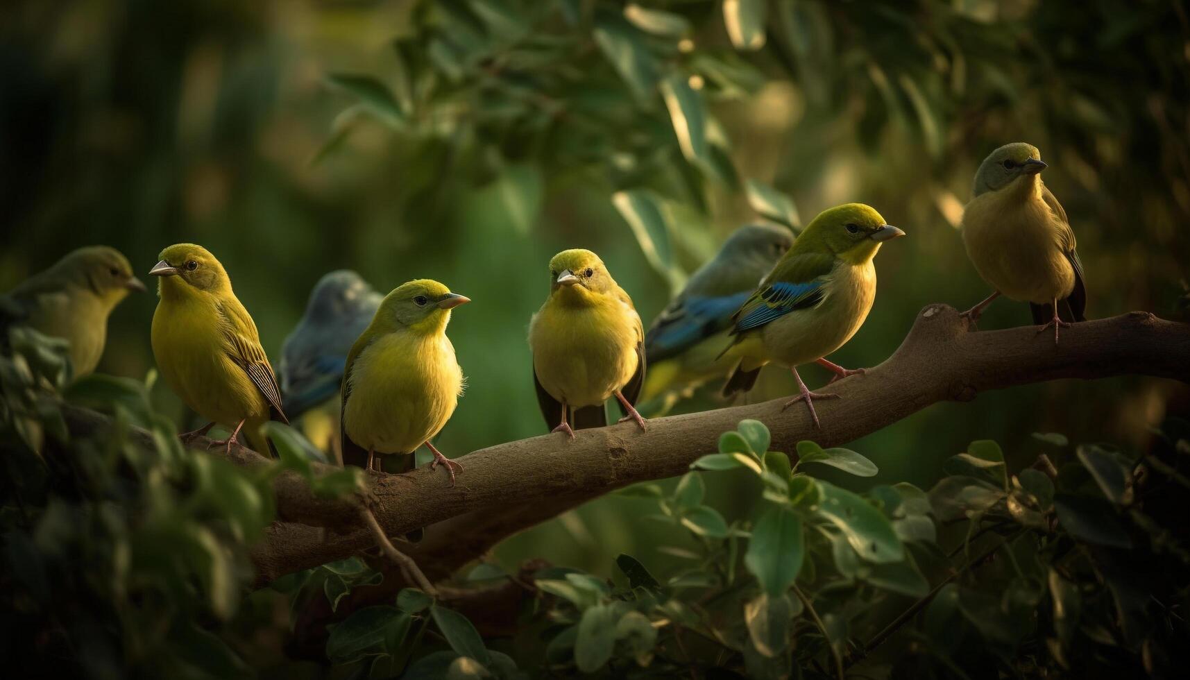 Small birds perching on branch generated by AI photo