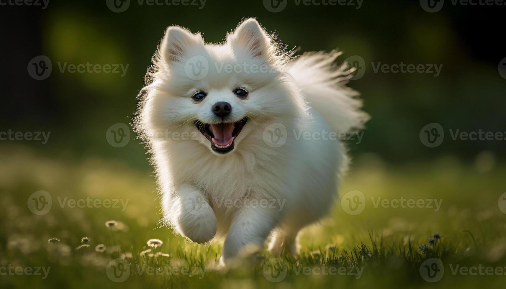 Fluffy Pomeranian running in green meadow, smiling generated by AI photo