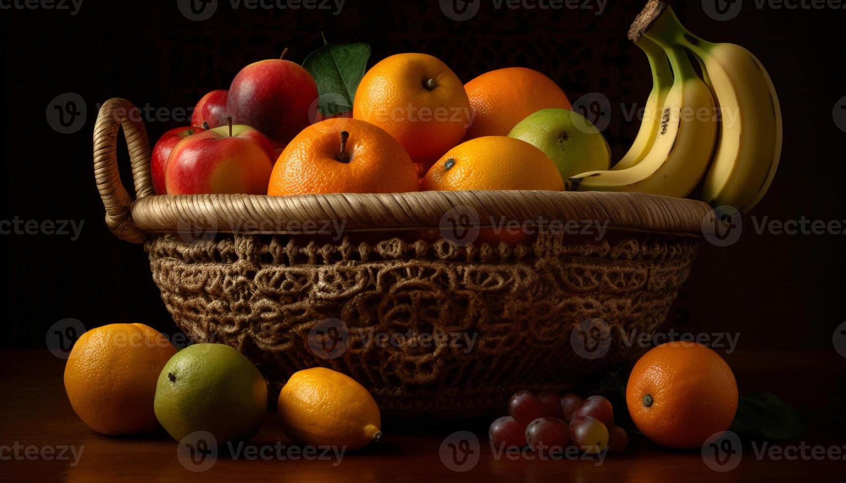 Fresco Fruta cesta naranja, manzana, uva, plátano generado por ai foto