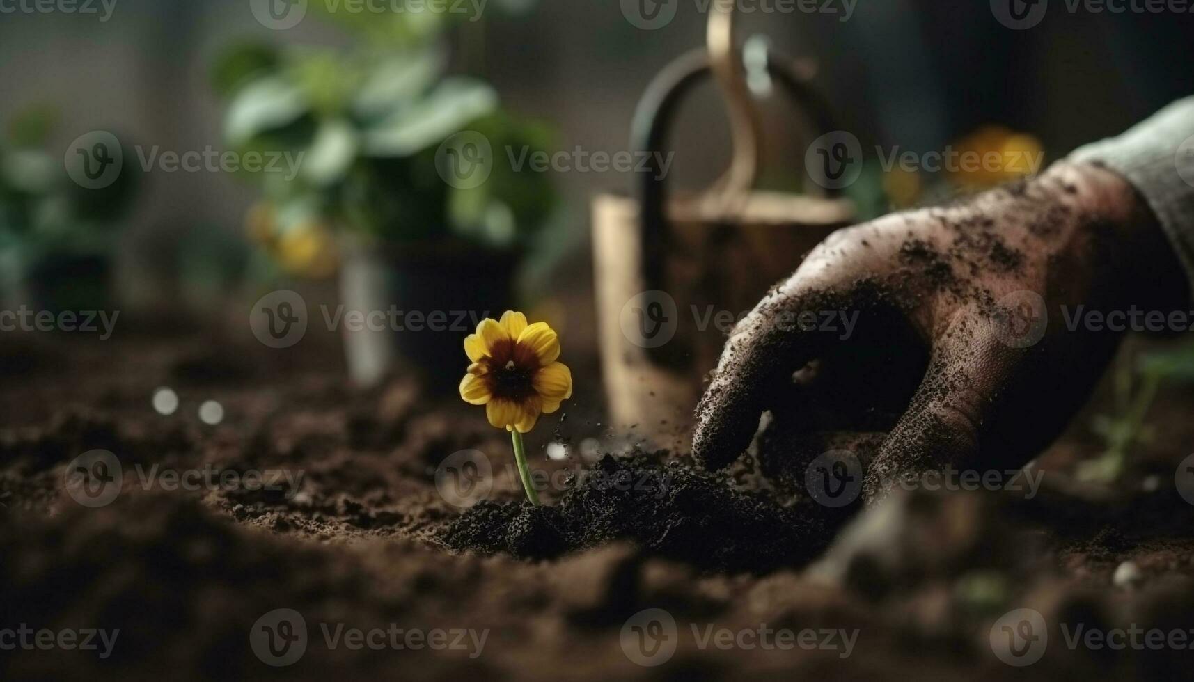 Human hand planting seedling in wet dirt generated by AI photo