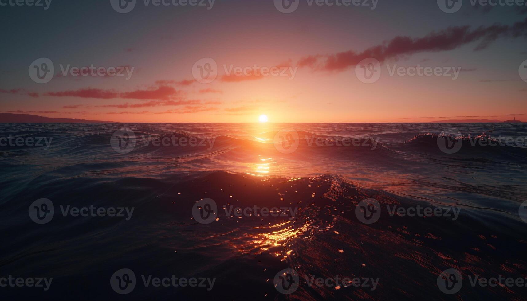 Sun reflection on tranquil water at dusk generated by AI photo