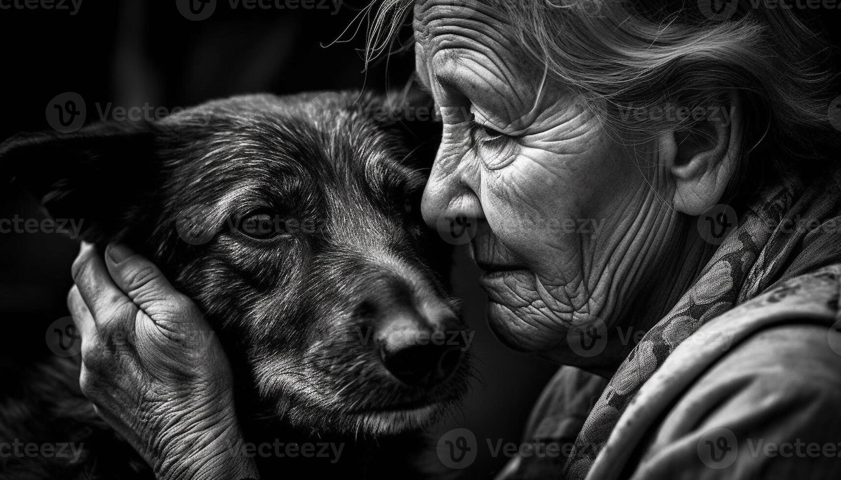 mayor Pareja abraza leal perro en naturaleza generado por ai foto