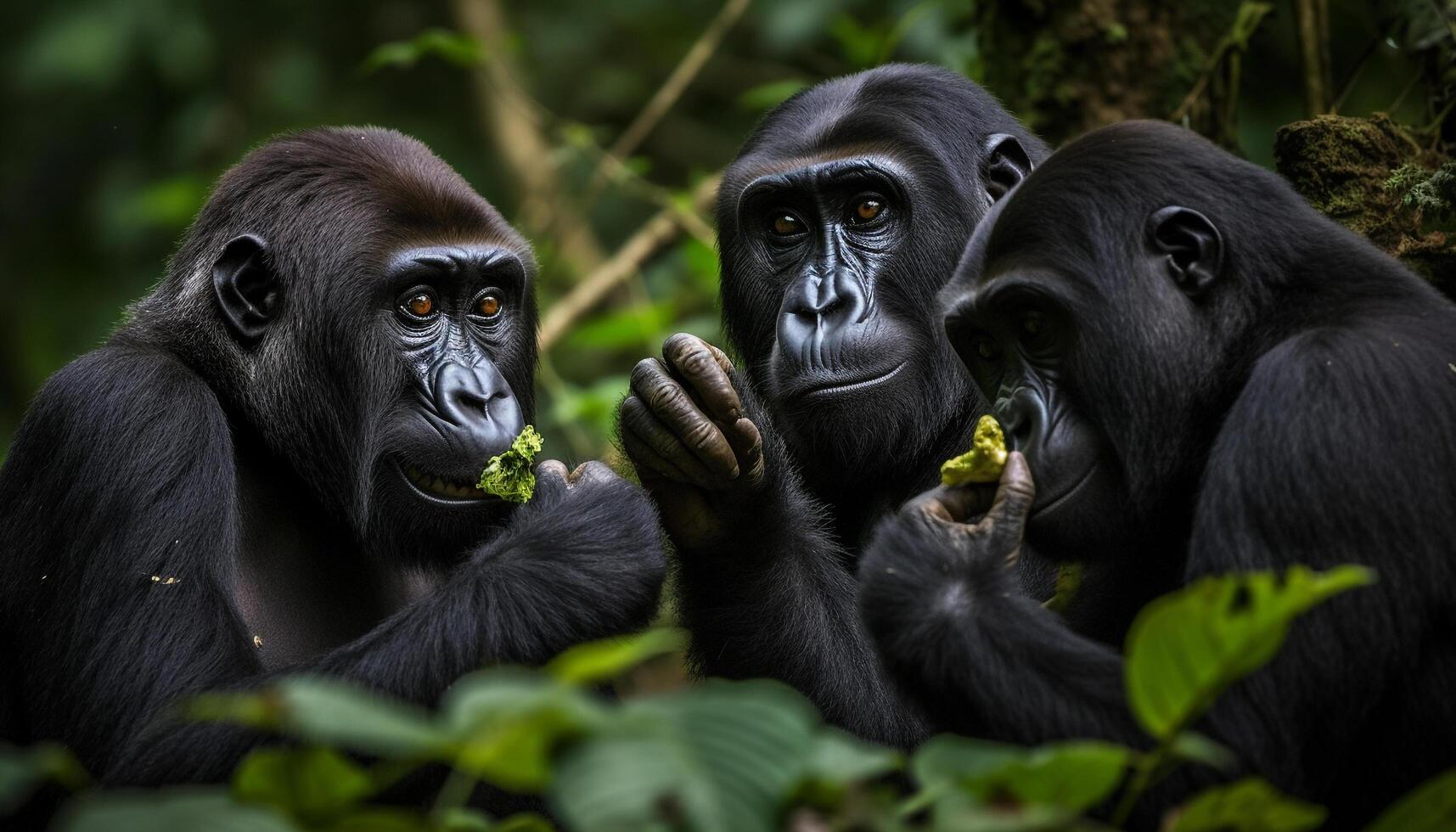 Young primate eating in tropical rainforest habitat generated by AI photo