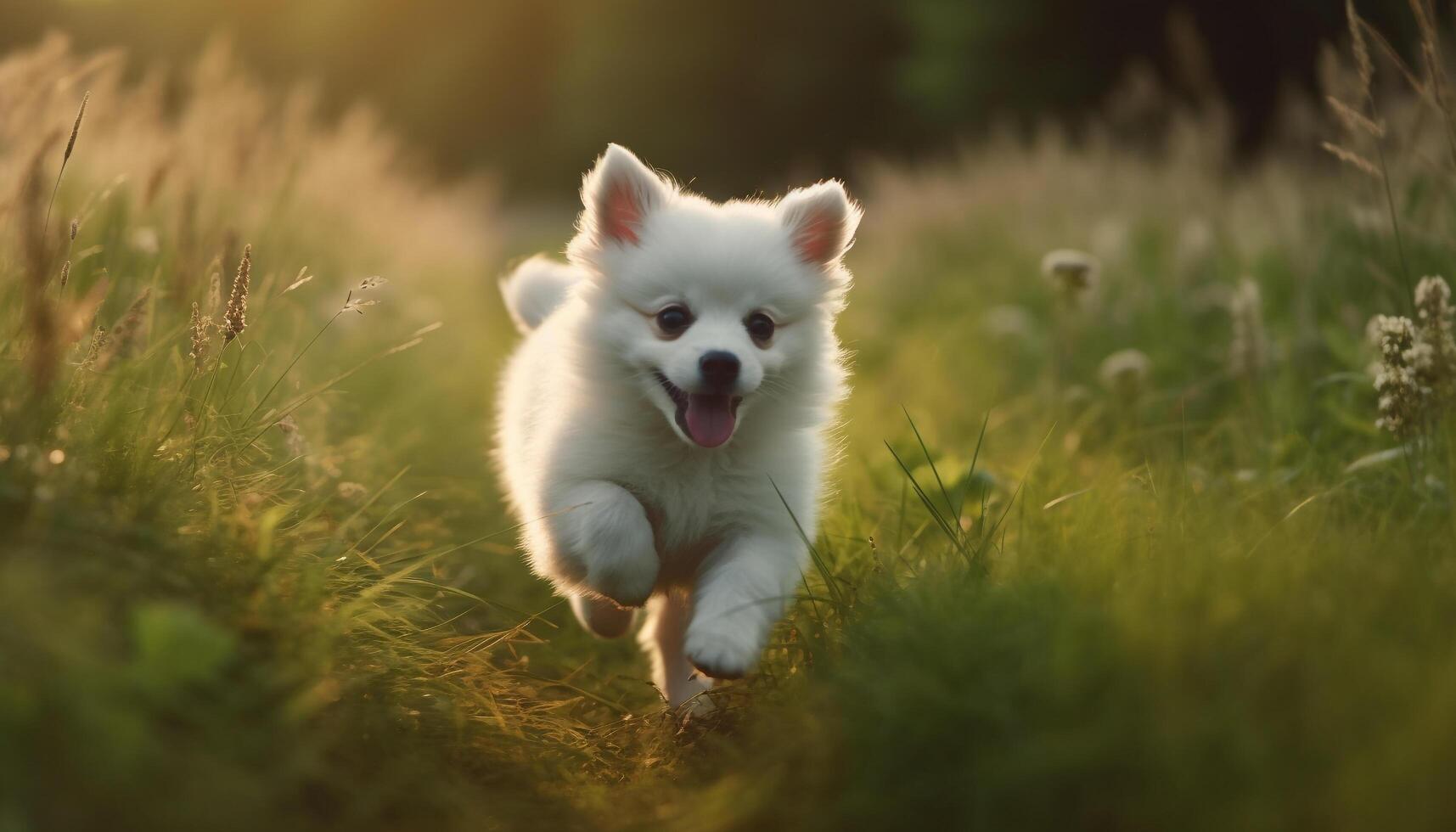 Fluffy Pomeranian puppy playing in green meadow generated by AI photo