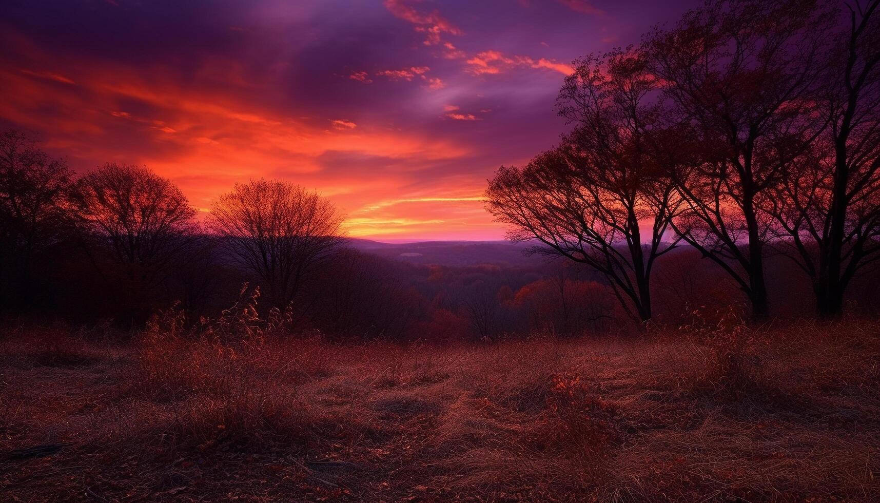 Sunrise over tranquil meadow, autumn beauty shines generated by AI photo