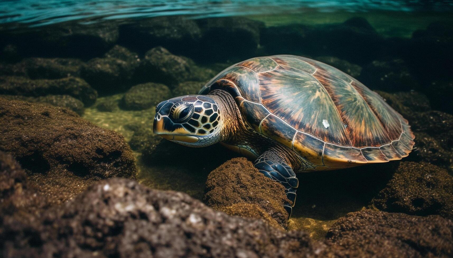 lento mar Tortuga nadando en tropical aguas generado por ai foto