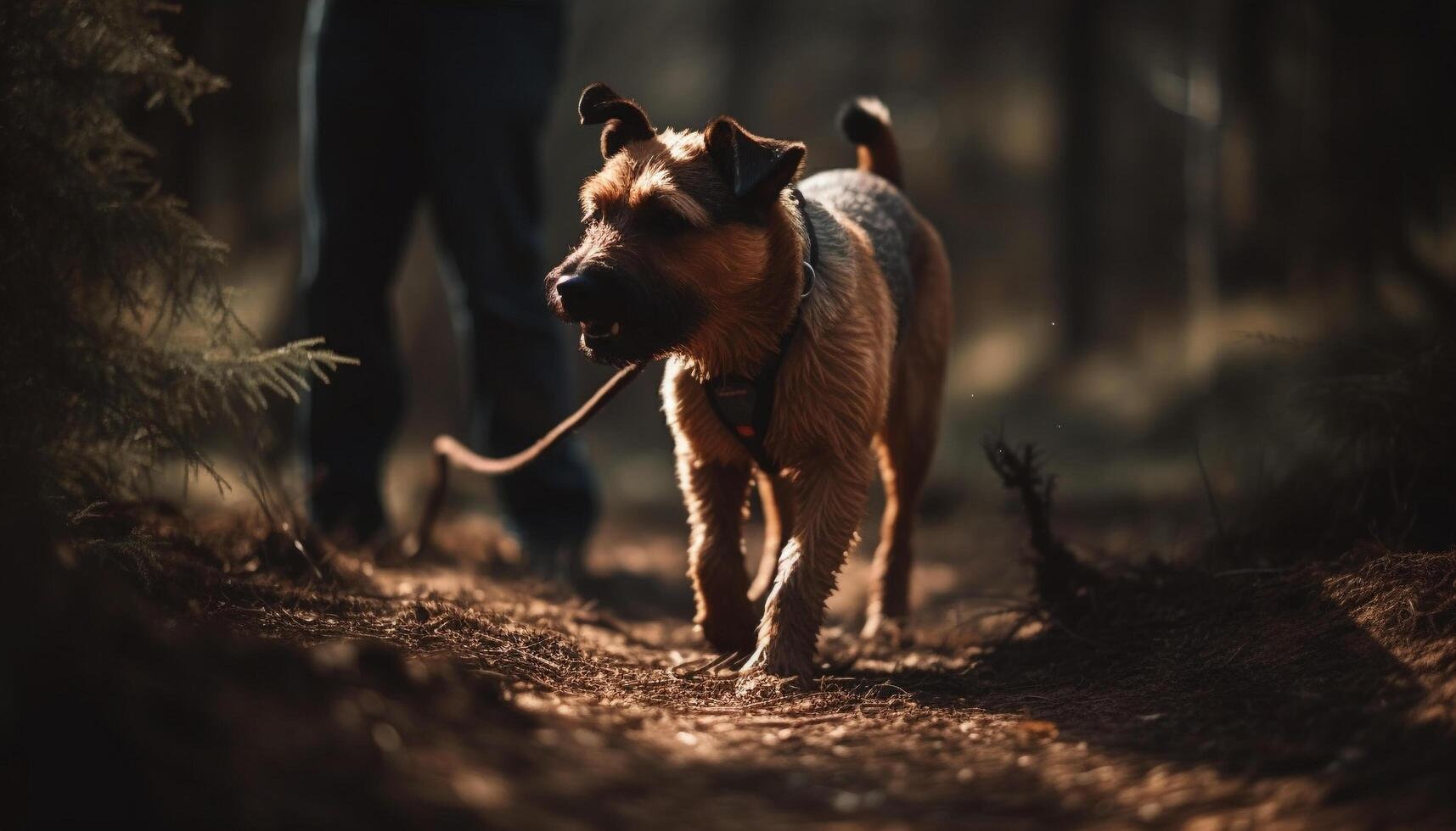 Playful puppy running through autumn forest, purebred terrier generated by AI photo