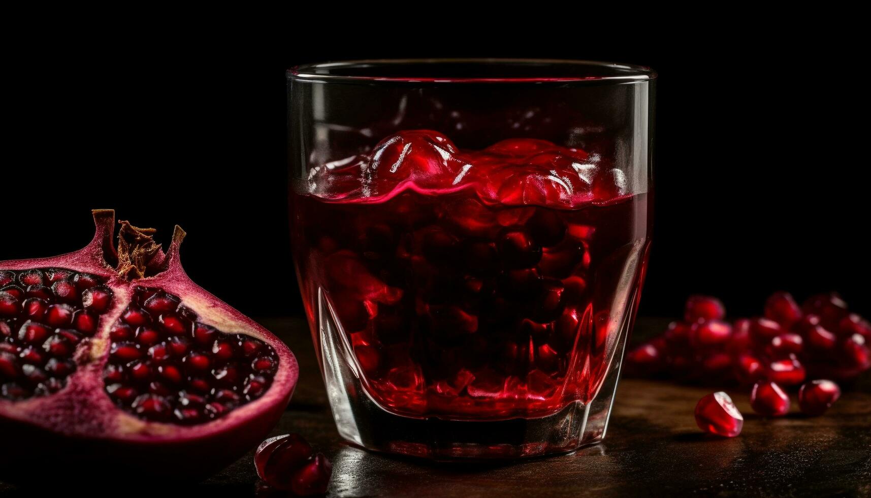 Juicy pomegranate slice in refreshing cocktail glass generated by AI photo