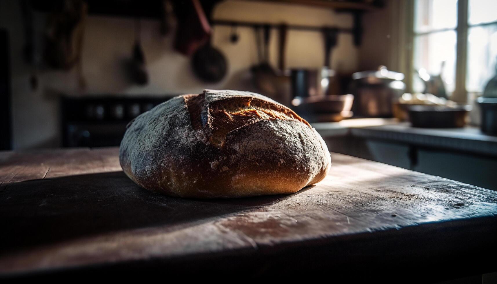 Freshly baked bread on rustic wooden table generated by AI photo