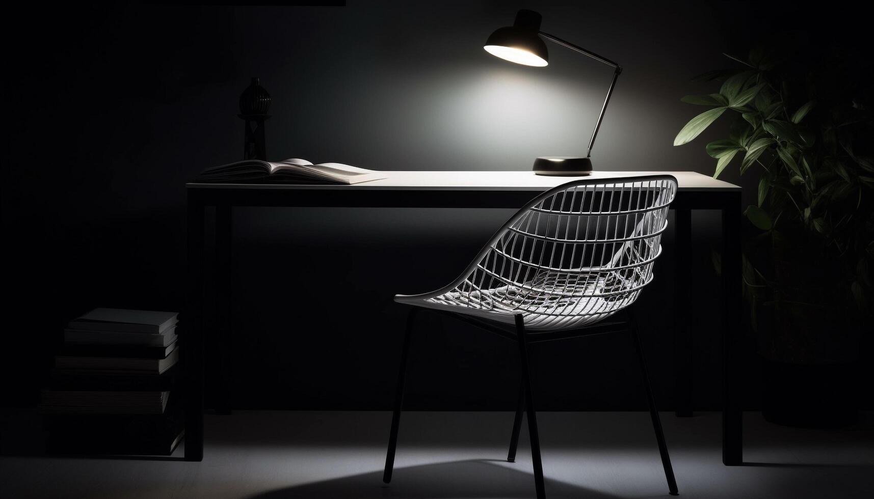 Modern office desk illuminated by electric lamp generated by AI photo