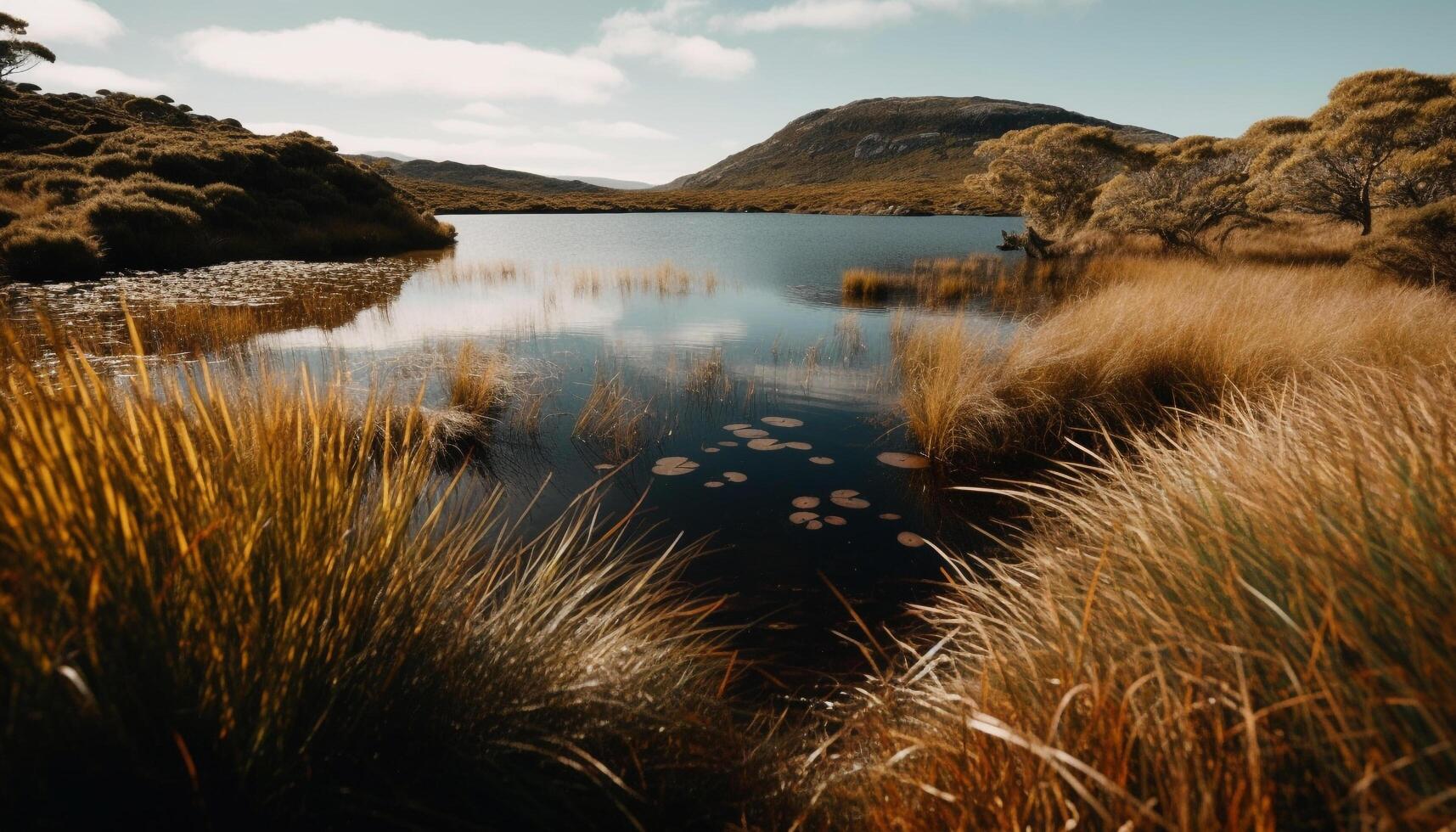 Tranquil scene of mountain reflection in water generated by AI photo