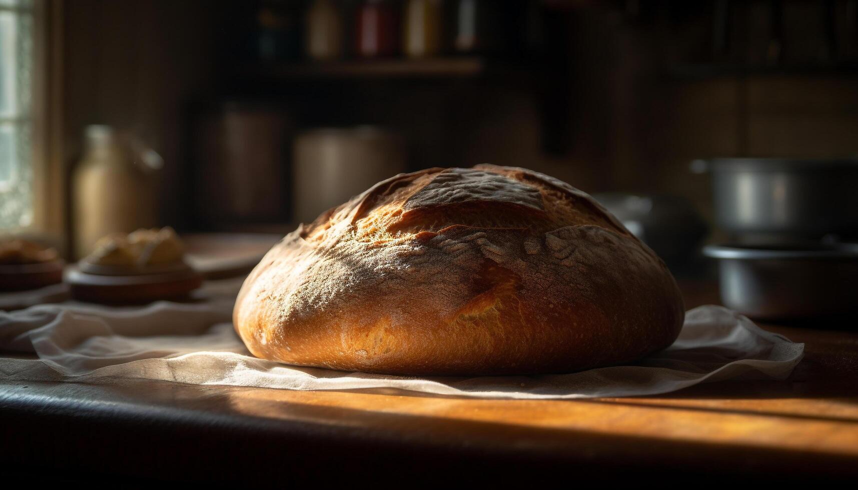 Freshly baked bread on rustic wooden table generated by AI photo