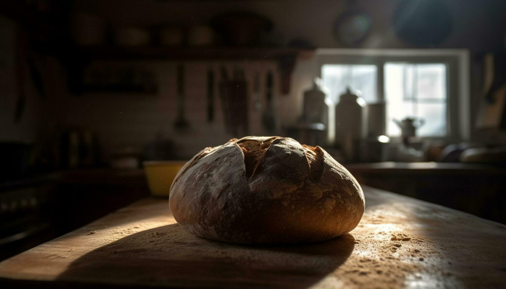 Freshly baked homemade bread on rustic table generated by AI photo