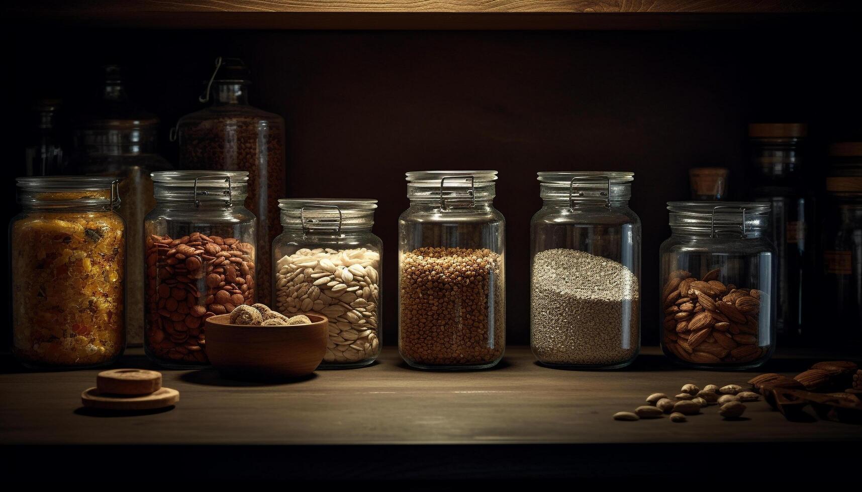 Organic bean jar on rustic wooden table generated by AI photo