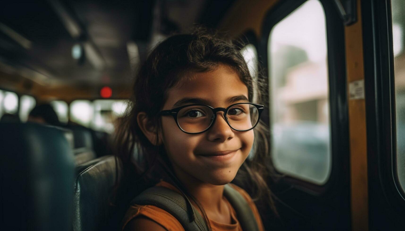 Cute girl smiling on bus adventure journey generated by AI photo