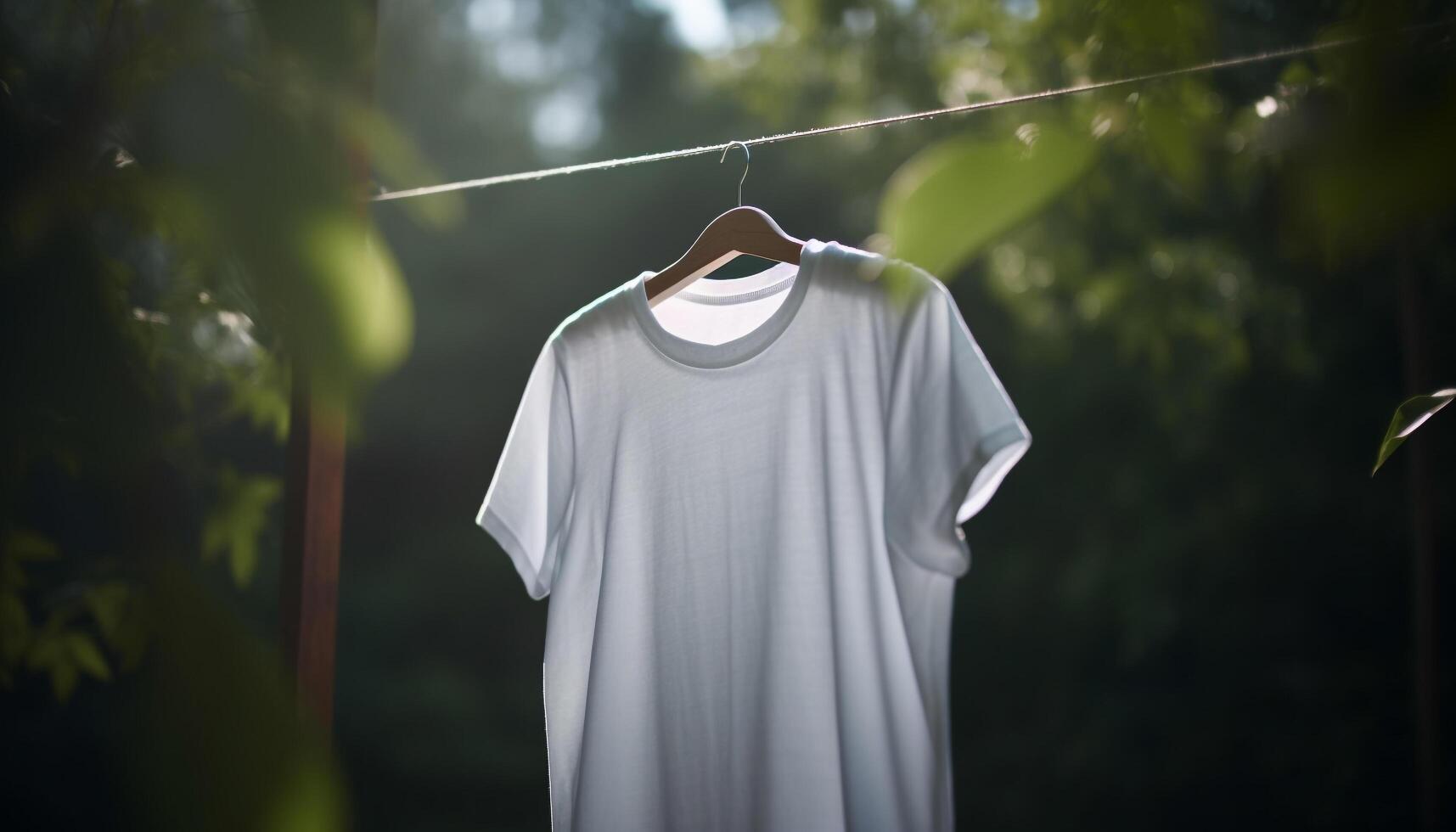 Green shirts hanging on clothesline in forest generated by AI photo