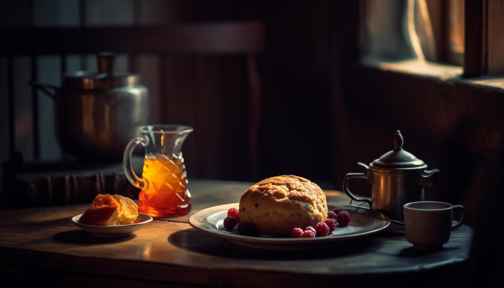 Freshly baked pancakes on rustic wooden table generated by AI photo