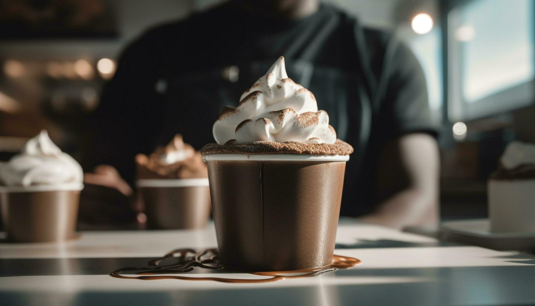 caucásico barista participación azotado crema para latté generado por ai foto