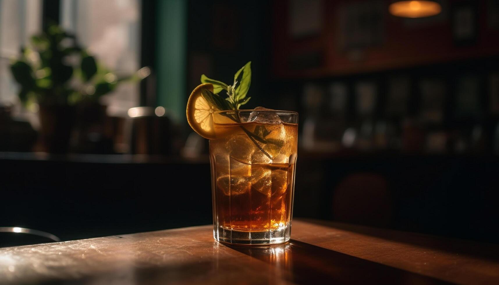 Refreshing mojito on wooden bar counter, nightlife generated by AI photo