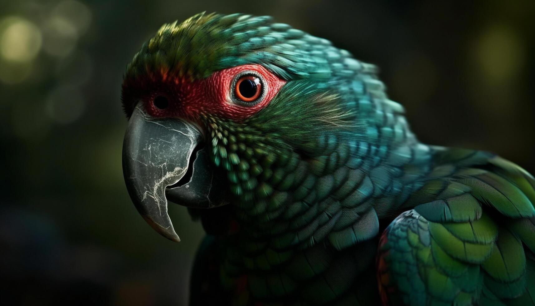 Vibrant scarlet macaw perched on forest branch generated by AI photo