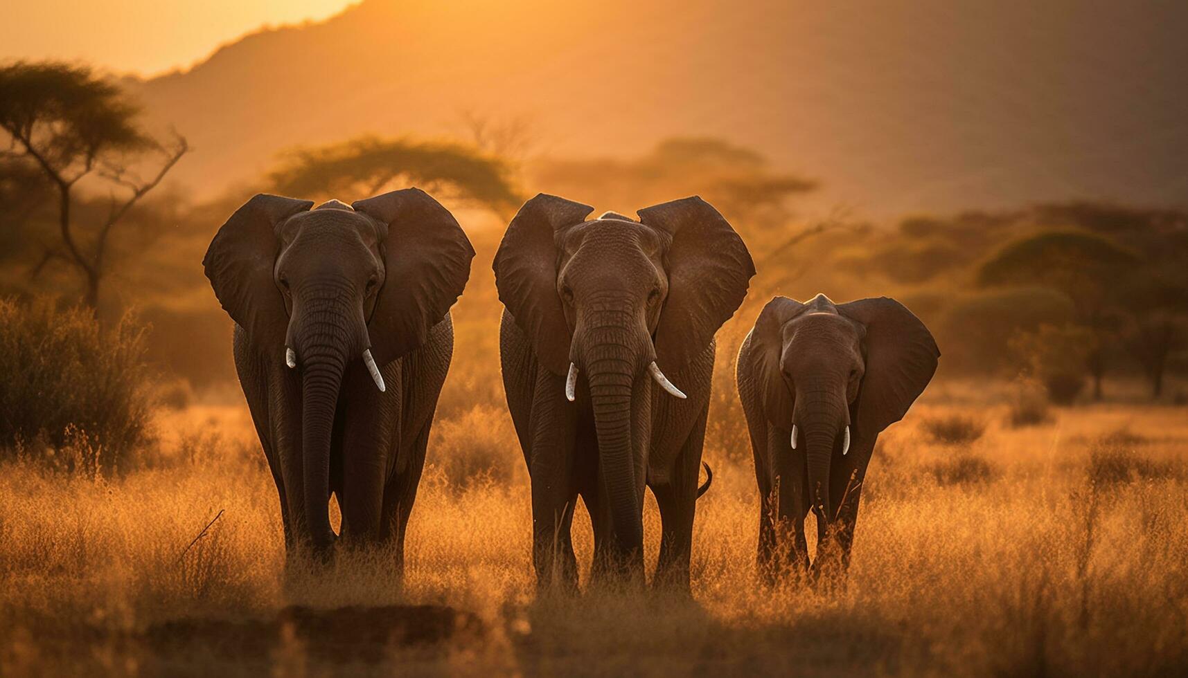 African elephant herd grazes in tranquil savannah generated by AI photo