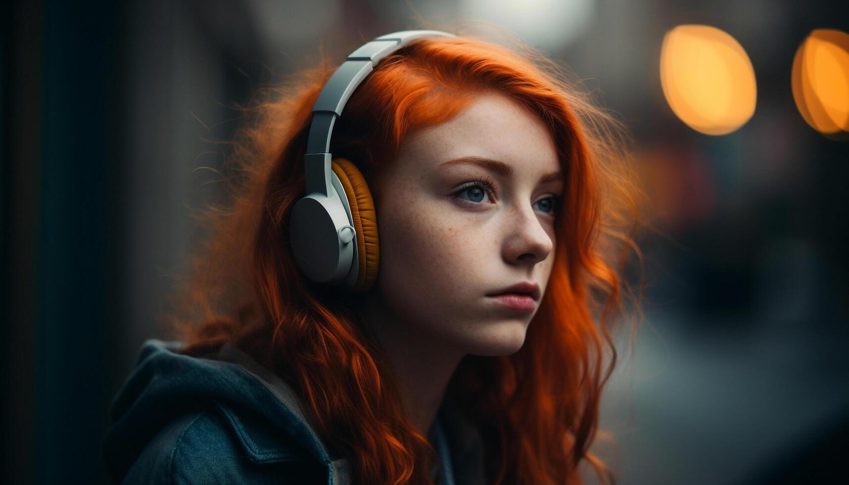 Young woman enjoying city nightlife with headphones generated by AI photo