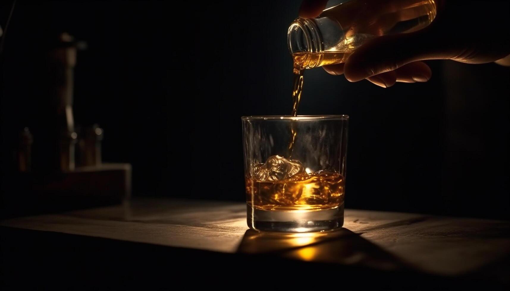 Men pour hard liquor, ice, and whiskey generated by AI photo