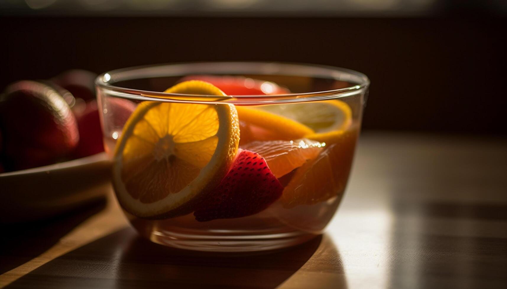 Organic citrus cocktail on wooden table, refreshing summer drink generated by AI photo