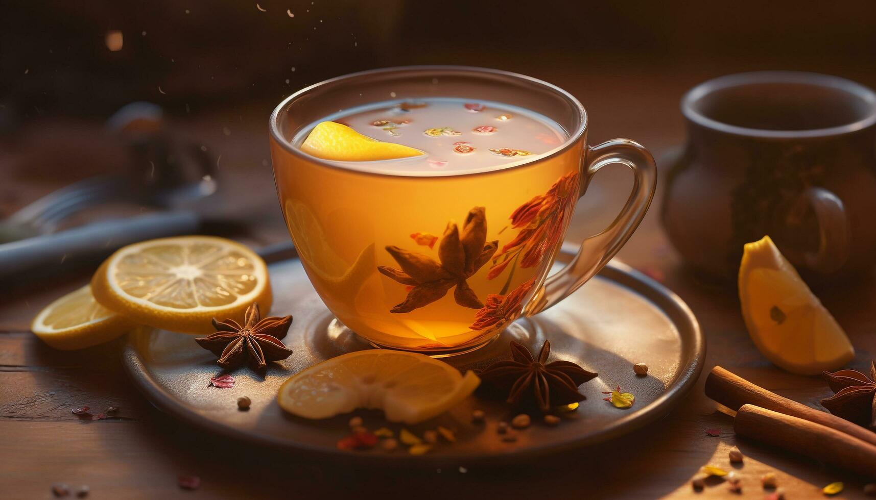 Wooden table holds hot mulled wine punch generated by AI photo