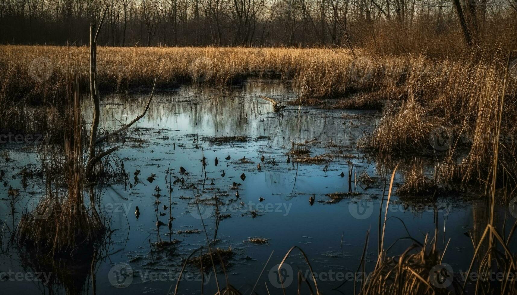 Tranquil scene of reflection in wetland wilderness generated by AI photo