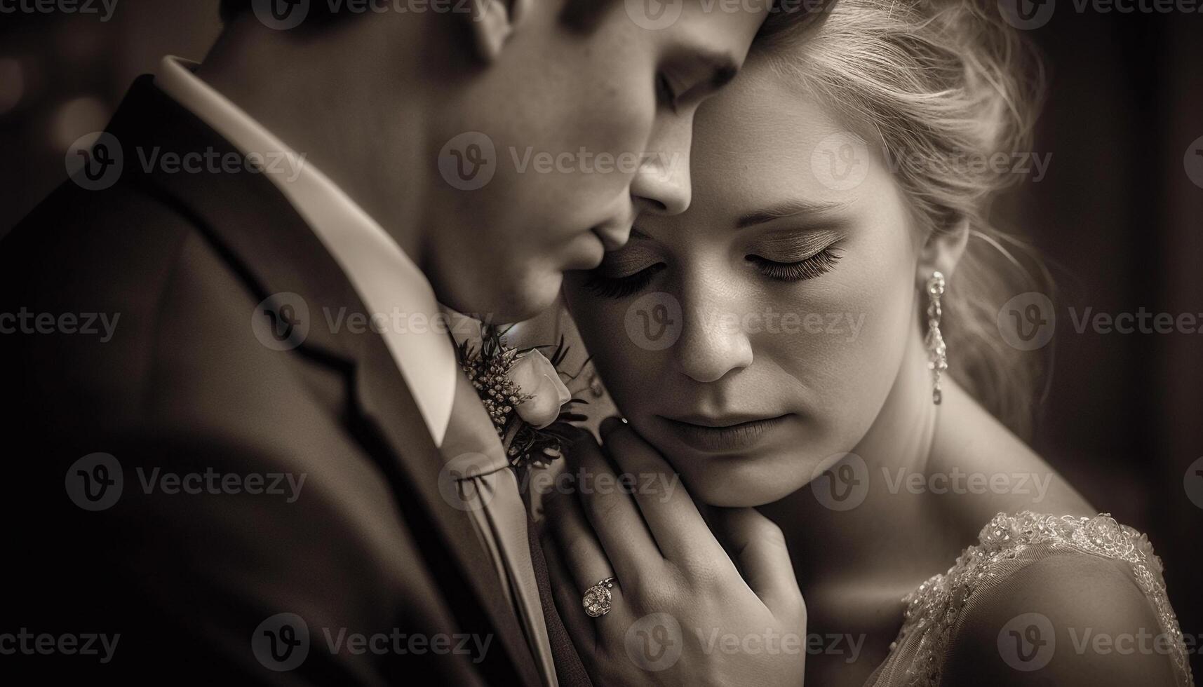 recién casado Pareja abrazando en elegante Boda atuendo generado por ai foto