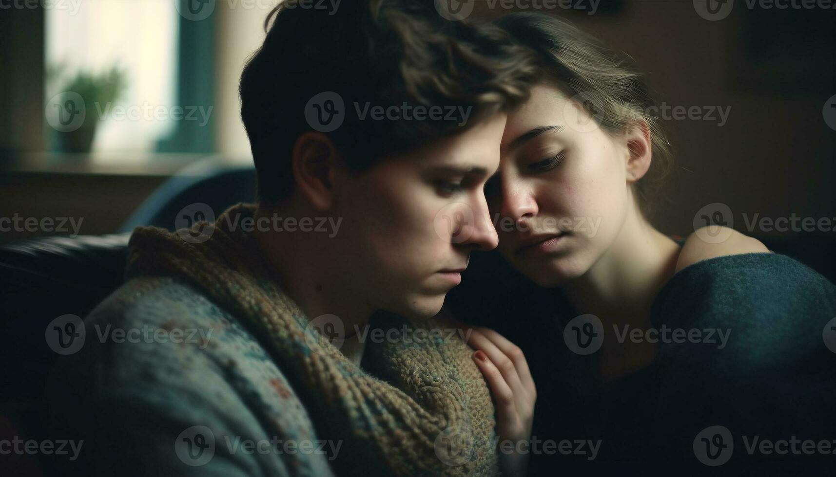 Caucasian couple embracing, finding love in sadness generated by AI photo