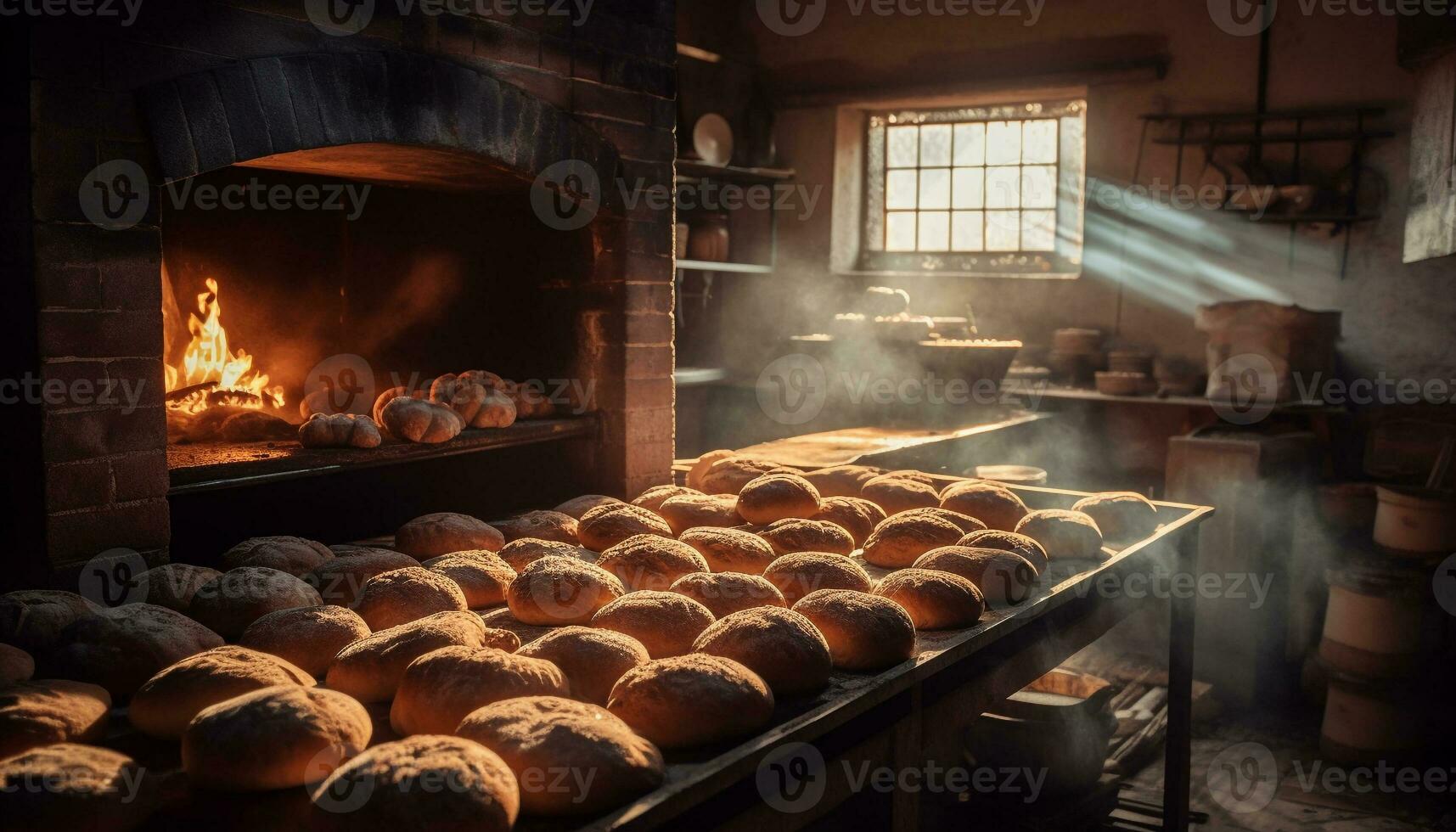 Bread baking in wood fired oven, rustic meal generated by AI photo