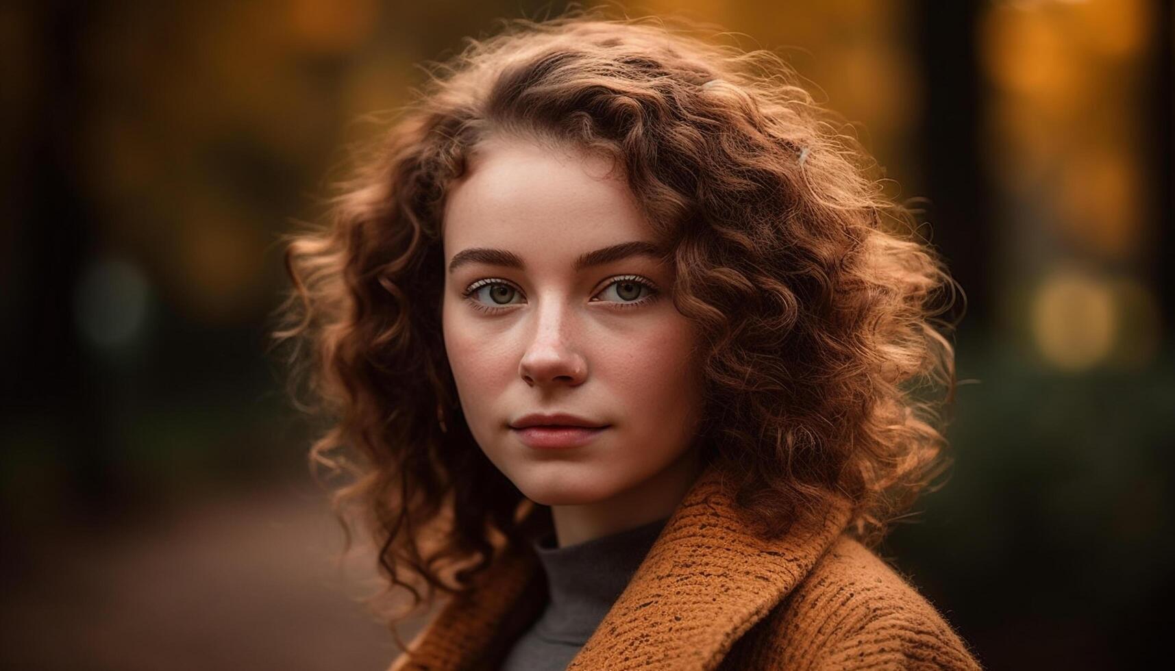 Smiling young woman enjoys autumn beauty in nature generated by AI photo