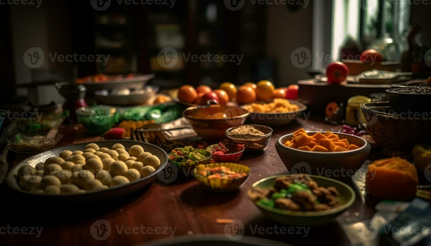Organic vegetables and fruits in rustic wooden bowl generated by AI photo